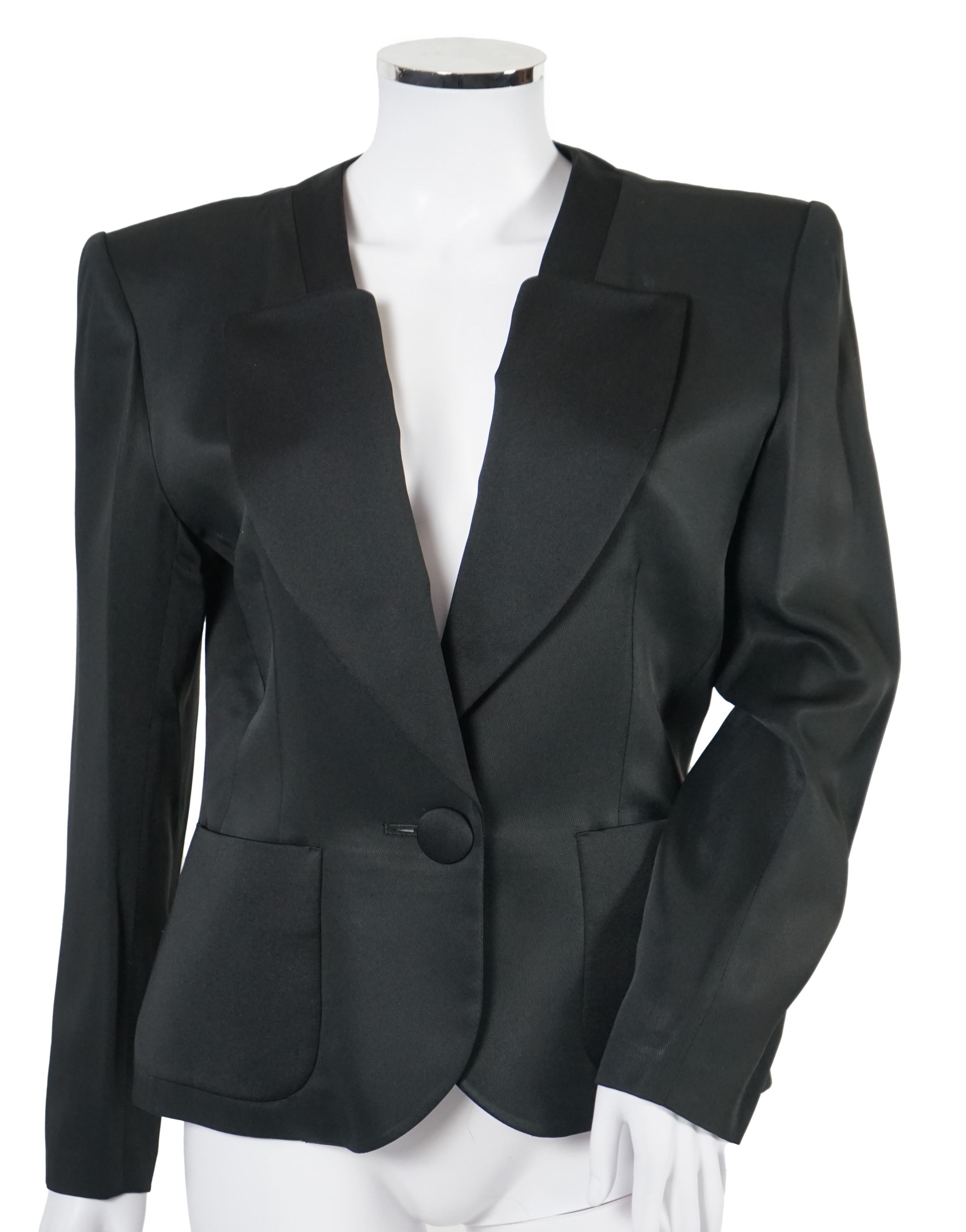 Two vintage Yves Saint Laurent lady's variation black trouser suits, F 42 (UK 14). Please note alterations to make the waist smaller may have been carried out on some of the skirts. Proceeds to Happy Paws Puppy Rescue.